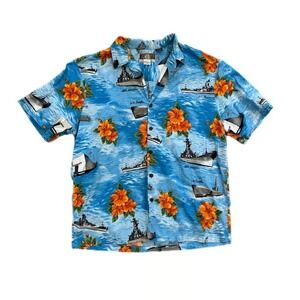 Vintage Hawaiian Shirt Button Down Short Sleeve Navy Battleships Mens Large